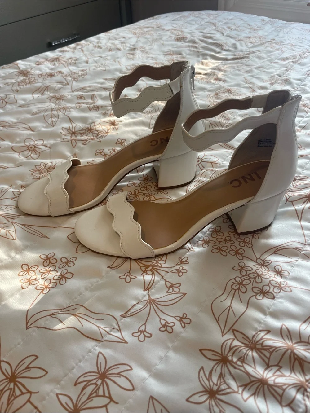 INC International Concepts Cream Scalloped Ankle-Strap Block Heels